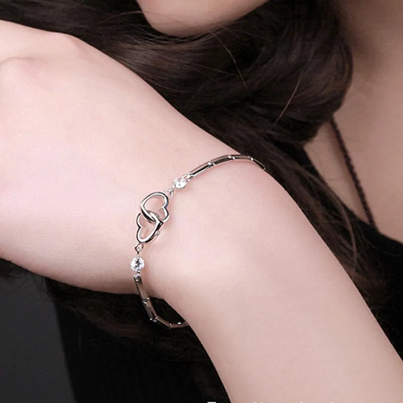 Silver Zircon Double Heart Bracelet