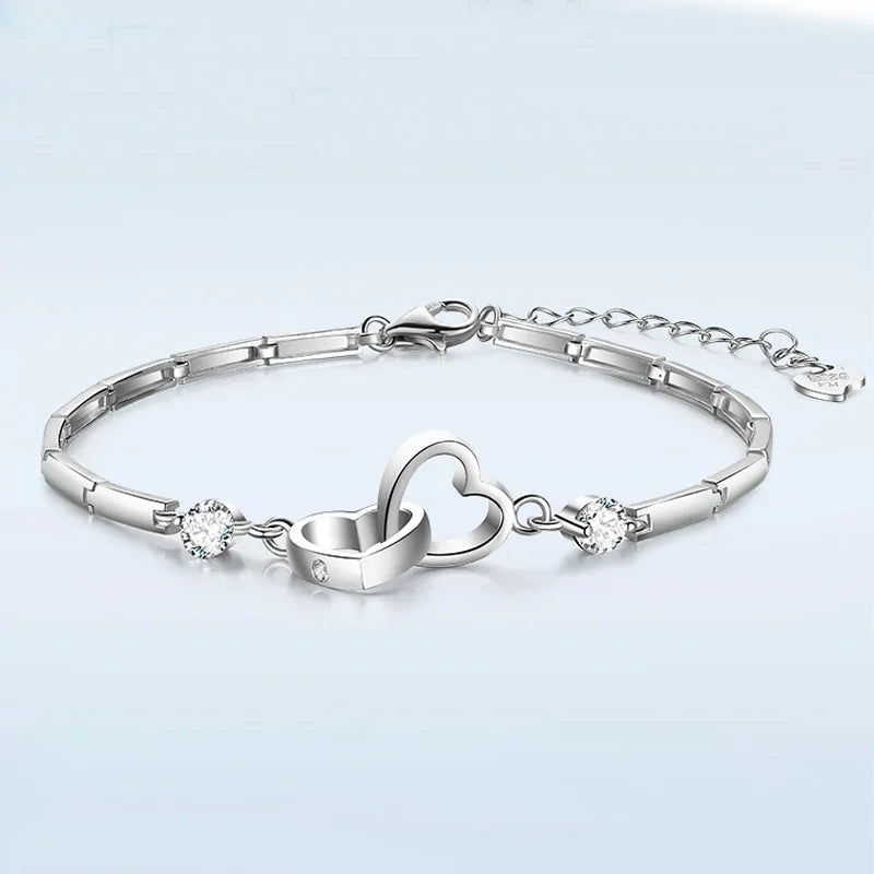 Silver Zircon Double Heart Bracelet