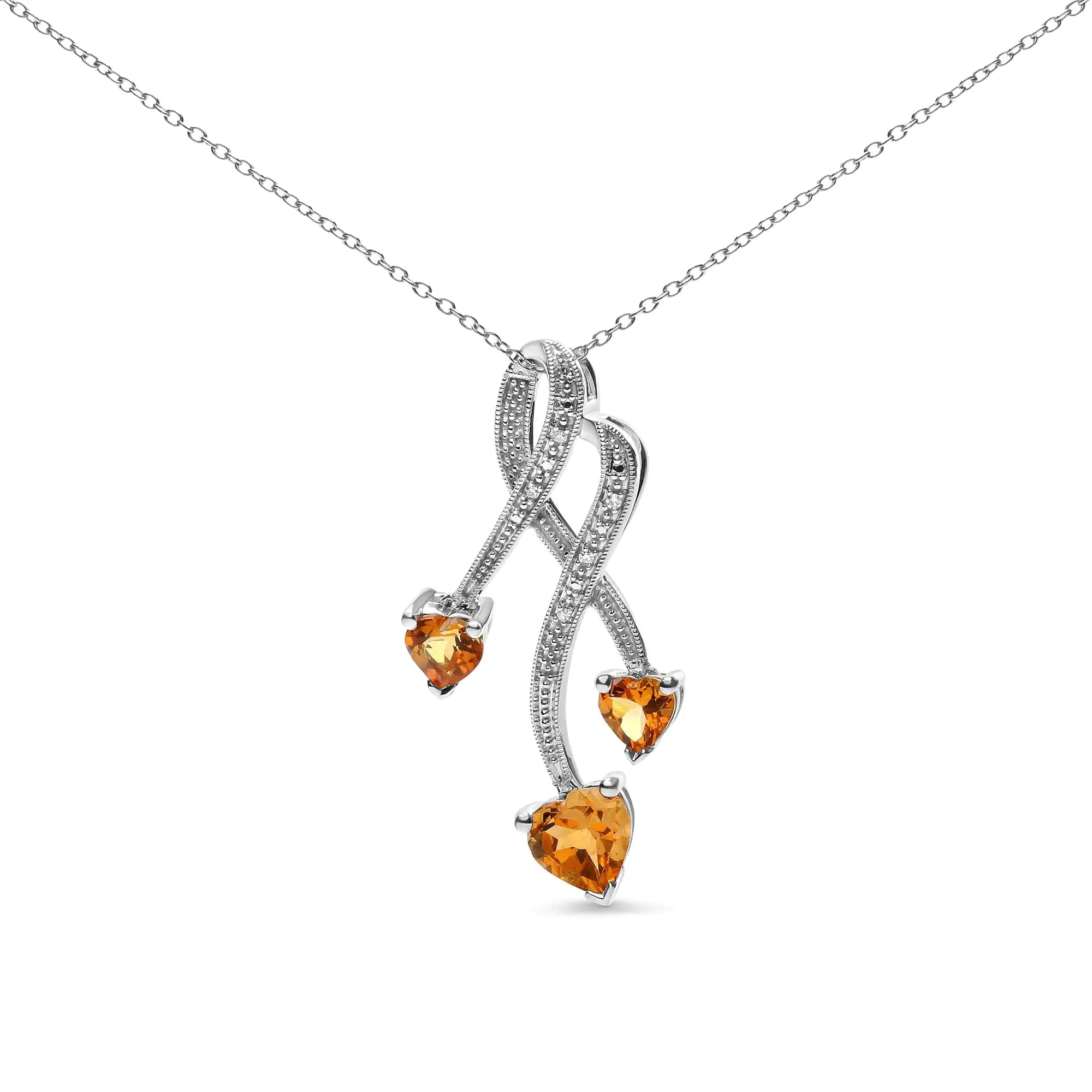 925 Sterling Silver 3 Stone Heart Shape Citrine and Diamond Accent Spiral