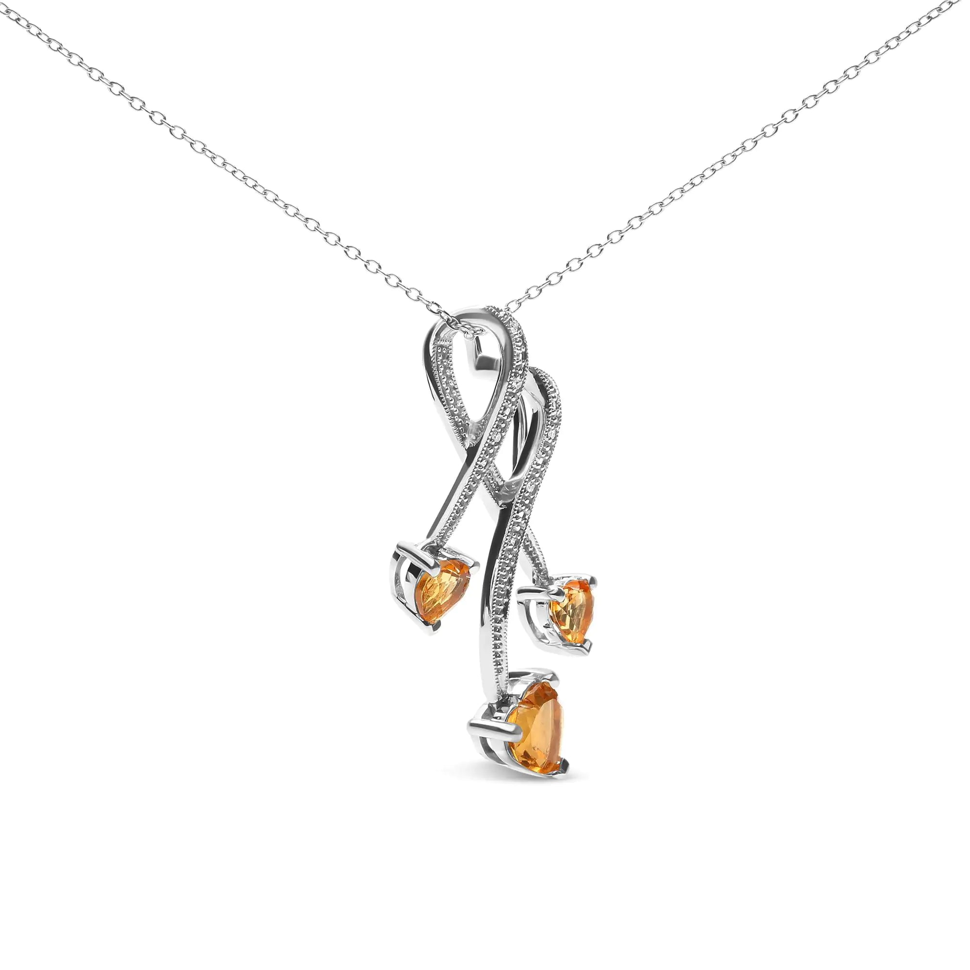 925 Sterling Silver 3 Stone Heart Shape Citrine and Diamond Accent Spiral