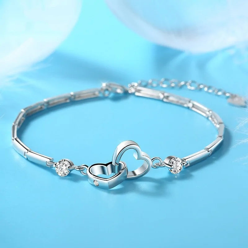 Silver Zircon Double Heart Bracelet