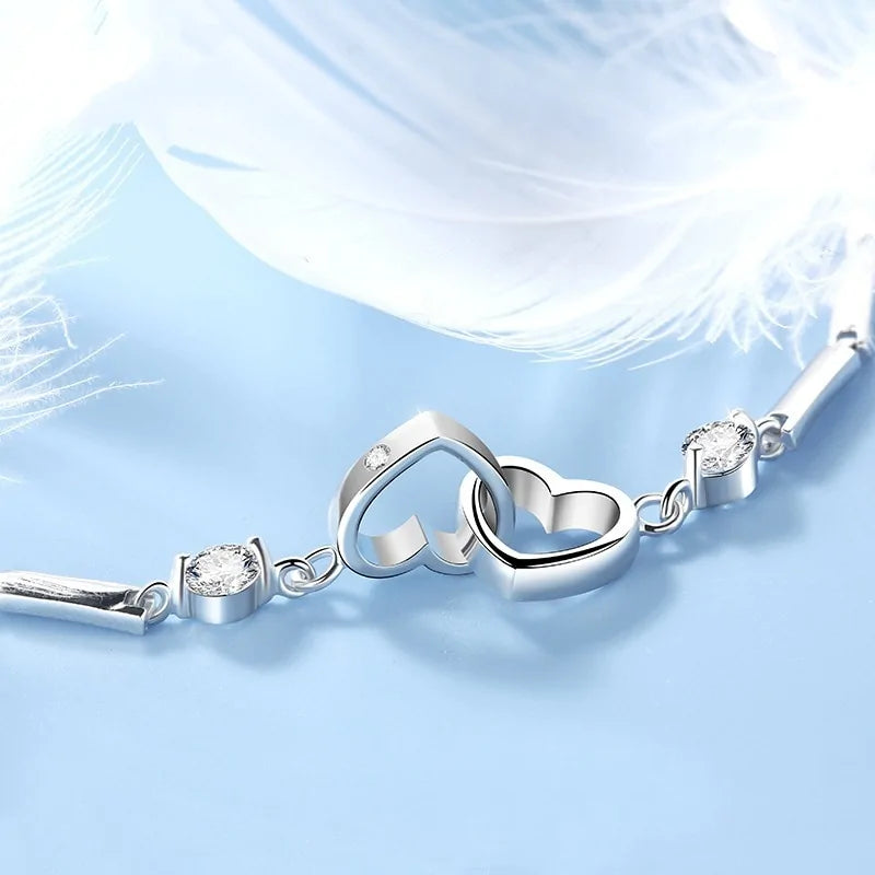 Silver Zircon Double Heart Bracelet