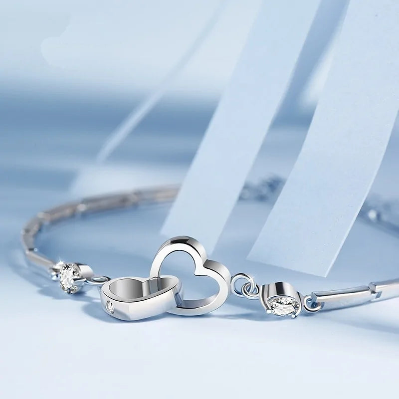 Silver Zircon Double Heart Bracelet