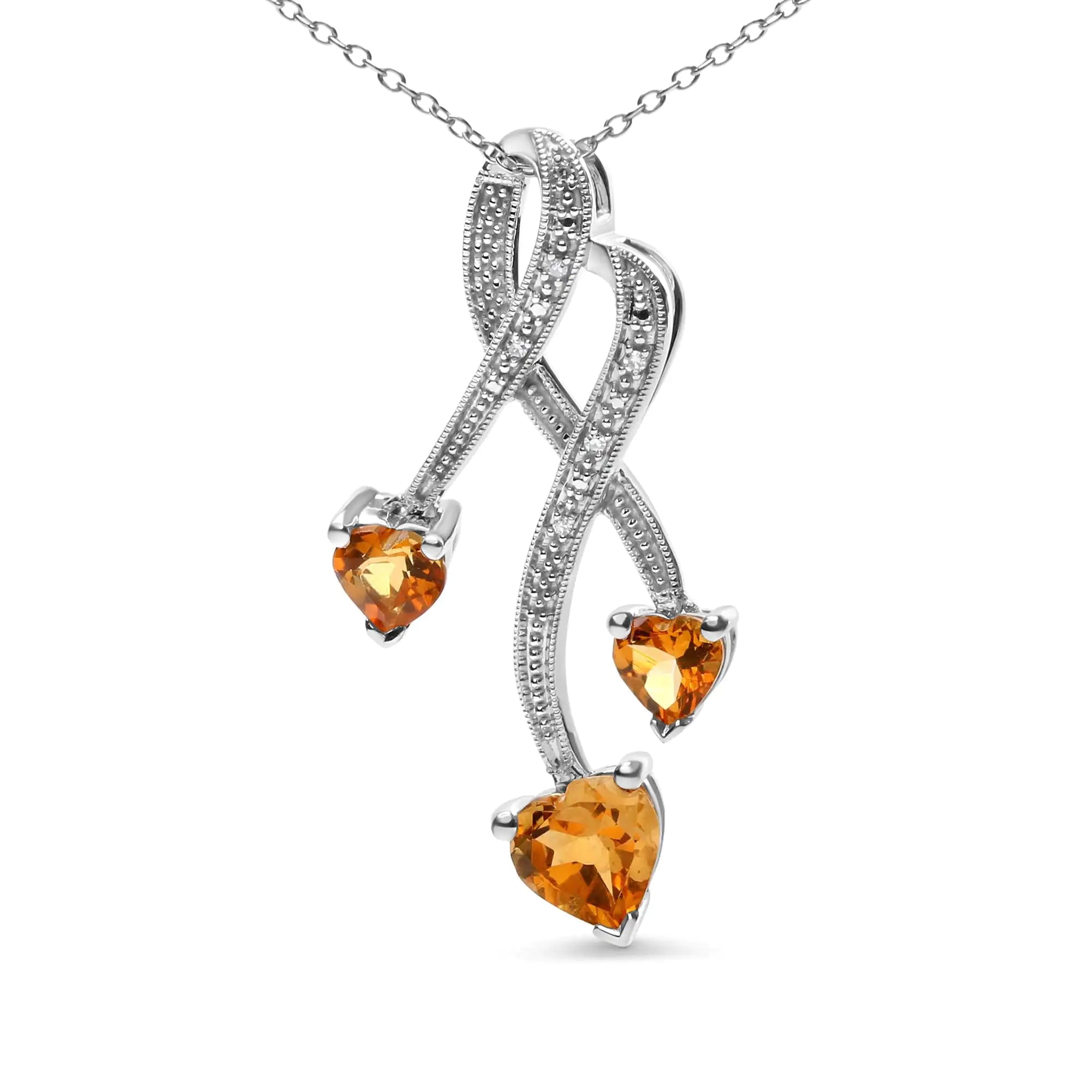 925 Sterling Silver 3 Stone Heart Shape Citrine and Diamond Accent Spiral